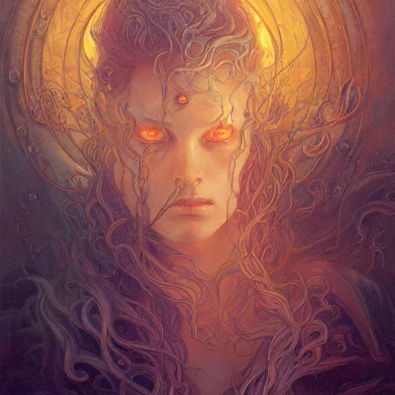 Image similar to a highly detailed portrait in the style of jean delville and in the style of peter mohrbacher. glowing rune of magical power.