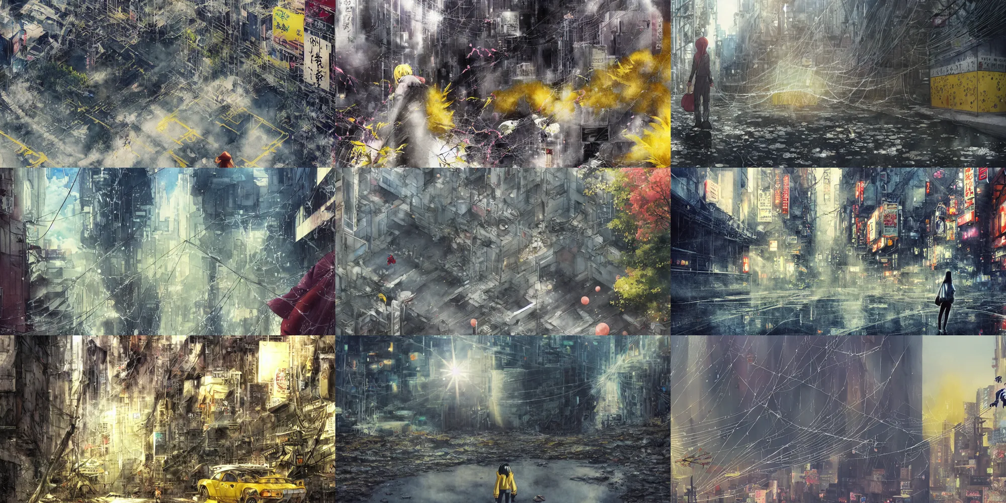 Prompt: anime movie scene, mamoru oshii, otomo, ultra wide, vanishing point, hoody woman explorer, watercolor, crater, chasim, sinkhole, spiderwebs, flowers, billboards, sun beam, dusty volumetric lighting, rim light, paper texture, puddles, deserted shinjuku junk, brutalist, telephone pole, yellow, red