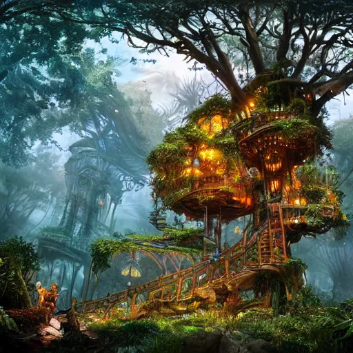 Prompt: an elaborate treehouse overgrown by bioluminescent plants, an ultrafine hyperdetailed illustration by kim jung gi, irakli nadar, intricate linework, bright colors, octopath traveler, final fantasy, unreal engine 5 highly rendered, global illumination, radiant light, detailed and intricate environment