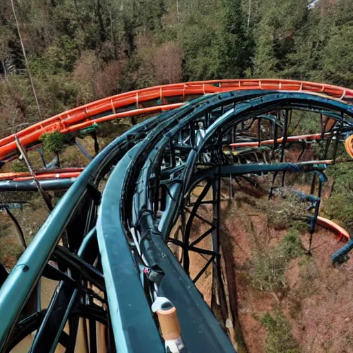 Prompt: go pro still of a rollercoaster with a mangled track up ahead