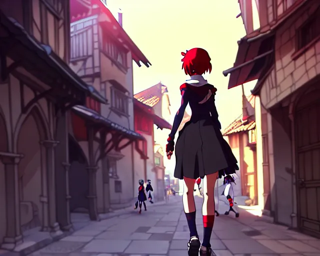 Prompt: anime still frame portrait of a young female walking through a busy medieval village, dynamic pose, dynamic perspective, detailed silhouette, cel shaded anime, ilya kuvshinov