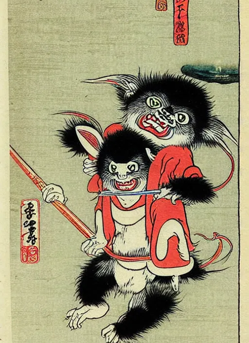 Image similar to gizmo the mogwai as a yokai illustrated by kawanabe kyosai and toriyama sekien