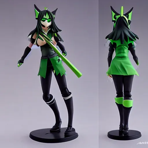 Image similar to league of legends akali as a Figma doll. Posable anime figurine. Kamas-wielding, green facemask, green outfit. Ninja sickle. PVC figure 12in.