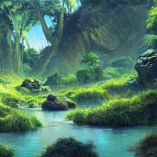 Prompt: painting of a lush natural scene on an alien planet by vincent bons. ultra sharp high quality digital render. detailed. beautiful landscape. weird vegetation. water.