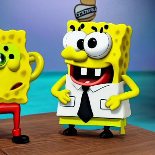 Prompt: spongebob squarepants made of rubber in 3 d, working as a waiter at an olive garden waiting on customers, hyperrealistic, 4 k