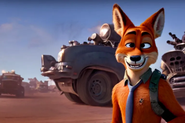 Image similar to nick wilde ( from zootopia ), heavily armed and armored facing down armageddon in a dark and gritty reboot from the makers of mad max : fury road