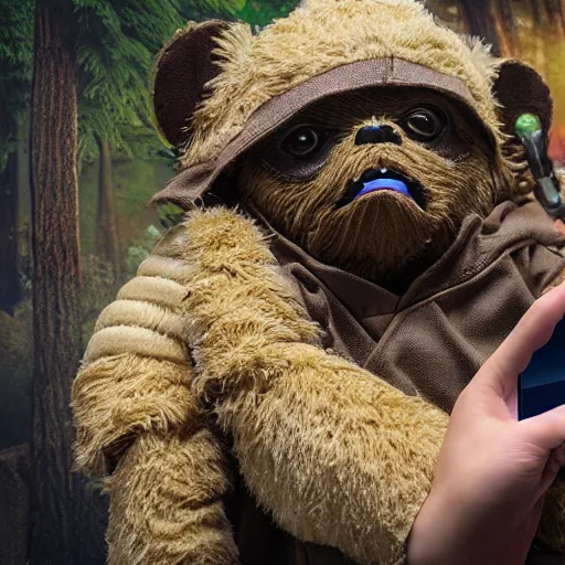 Image similar to Ewoks taking a selfie at Walmart, intricate detail, photo realistic, subsurface scatter, stage lighting, vray render, cinematic quality