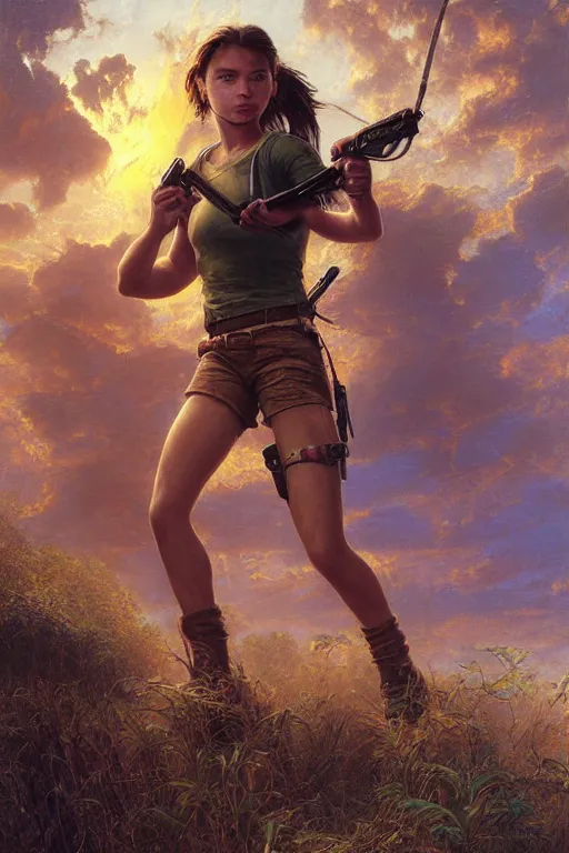 Image similar to golden hour, young Lara Croft chilling out, Lilia Alvarado, Sophie Anderson, Mark Arian, Bob Byerley, Charlie Bowater, Mark Brooks, Steve Henderson, Justin Gerard, Arthur Hughes, Edward Robert Hughes, Mark Keathley, Victor Nizovtsev, Carlos Shwabe, Ross Tran, WLOP