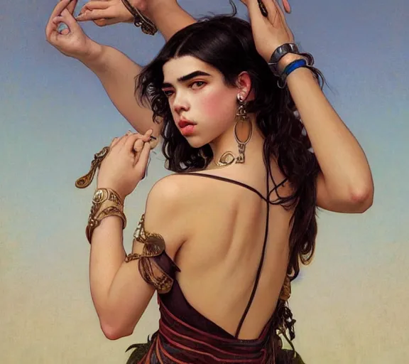 Image similar to photography dualipa with hands - up and hairy armpits, deep focus, intricate, elegant, highly detailed, digital painting, artstation, concept art, matte, sharp focus, illustration, art by artgerm and greg rutkowski and alphonse mucha and gil elvgren