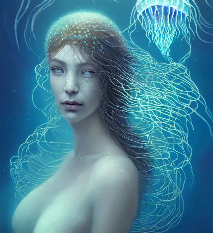 Image similar to underwater portrait of a goddess mermaid with (reaction diffusion) scaled fish skin Bioluminescent phoenix jellyfish, Her breath shot a haze of steam out into the frosty morning air concept, soft light, soft mood, realistic body features and face, illustration,intricate ornament halo, painting oil on canvas by Elena Zhurikhina and Goro Fujita and Charlie Bowater, octane render trending on artstation, 4k, 8k, HD