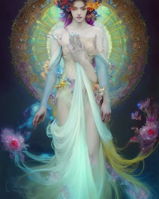 Image similar to Full View ultrarealistic Portrait ethereal fantasy deity wearing beautiful gown, flowers, spirituality, levitating, 4k digital masterpiece by Anna Dittman and Alberto Seveso Ruan Jia, rossdraws, artgerm and greg rutkowski and alphonse mucha and loish and WLOP, fantasycore, Hyperdetailed, fractals, scribble art, realistic digital painting, atmospheric, fireflies, soft lighting, featured on Artstation