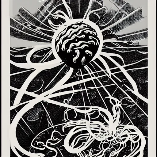 Prompt: attack of the flying spaghetti monster, movie art poster, by gerard brom and ansel adams