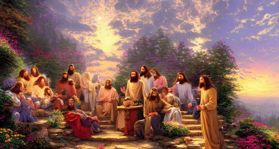 Prompt: thomas kinkade painting of jesus with his disciples