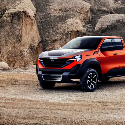 Prompt: A Pickup truck designed and produced by Peugeot in the production year of 2022, promotional photo