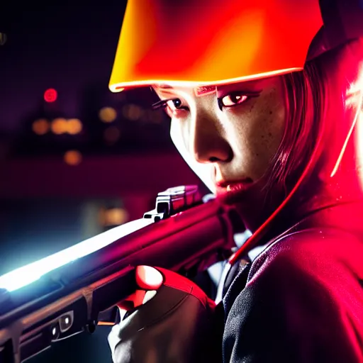 Image similar to photographic portrait of a techwear woman holding a shotgun, holding shotgun down, closeup, on the rooftop of a futuristic city at night, sigma 85mm f/1.4, 4k, depth of field, high resolution, full color, award winning photography, inspired by Kill Bill, inspired by John Wick, inspired by Die Hard, movies with guns, movie firearms