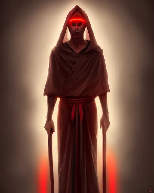 Image similar to portrait of the christlike monk with glowing red eyes, cinematic, dark art, character design, cgsociety, trending on deviantart