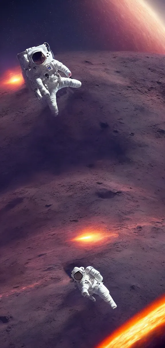 Image similar to photo of 8k ultra realistic astronaut riding an asteroid, nasa, clear sky, full of colour, cinematic lighting, battered, trending on artstation, 4k, hyperrealistic, focused, extreme details,unreal engine 5, cinematic, masterpiece, art by Robert McCall