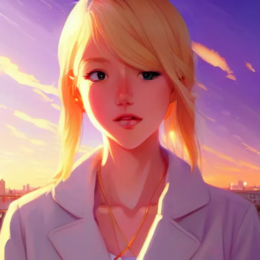 Image similar to a beautiful blond girl, city background, intricate, highly detailed, digital painting, artstation, official media, anime key visual, concept art, rich vivid colors, ambient lighting, sharp focus, illustration, art by Artgerm, Makoto Shinkai, Ilya Kuvshinov, Lois Van Baarle, and Rossdraws