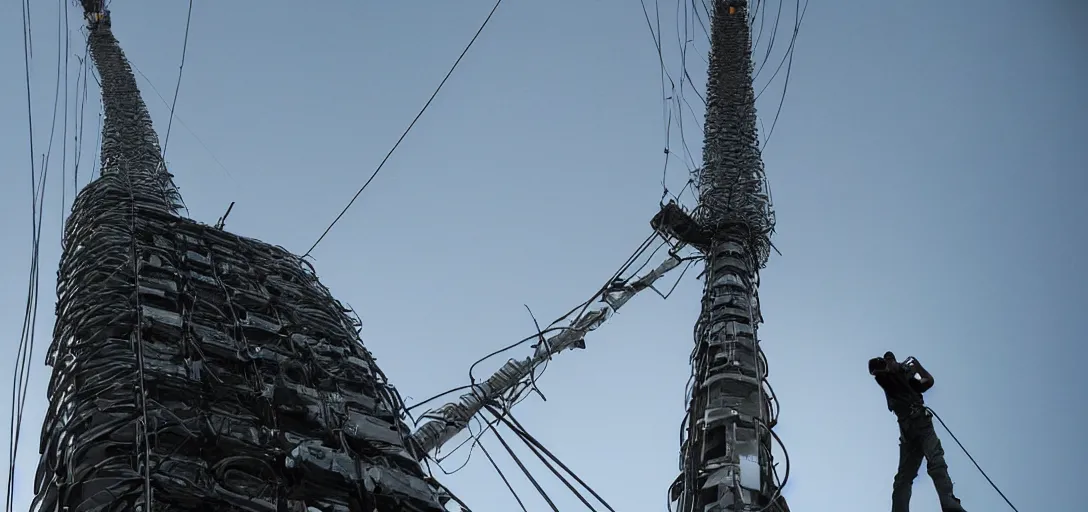 Image similar to Wireless Internet technician looking up from the base of a giant telecommunications tower covered in wireless antennas, getting ready to climb and replace radio. Post apocalypitic landscape, dystopia. Roger Deakins Cinematography, james gurney, james jean, greg rutkowski, anato finnstark. hyper detailed, 35mm, hazy atmospheric lighting volumetric