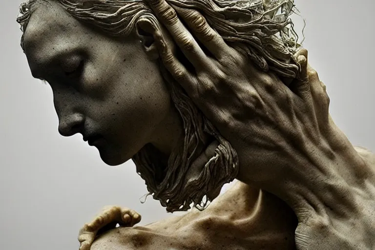 Prompt: a sculpture of a person with flowing golden tears, a marble sculpture by nicola samori and beksinski, behance, neo - expressionism, marble sculpture, apocalypse art, made of mist