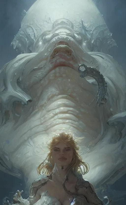 Image similar to portrait of a gigantic white monstrosity, a fat tank monster made of melted white bodies, concept art, deep focus, fantasy, intricate, highly detailed, digital painting, artstation, matte, sharp focus, illustration, art by artgerm and greg rutkowski and alphonse mucha