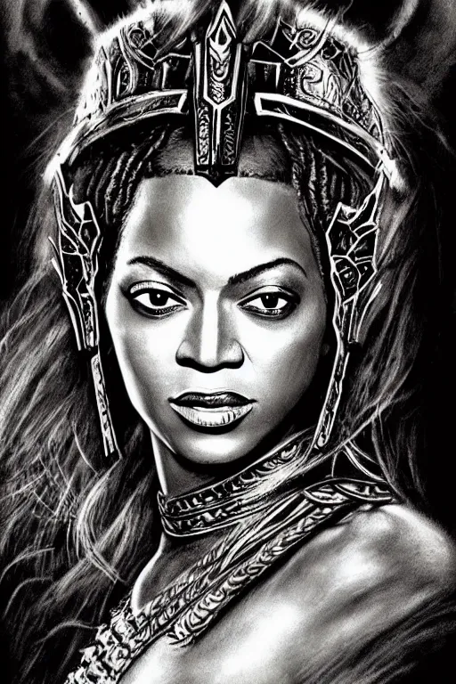 Prompt: beyonce, legendary warrior, heroic, lord of the rings, tattoos, decorative ornaments, battle armor, by frank frazetta, ashley wood, perfect face, fine details, realistic shading photorealism