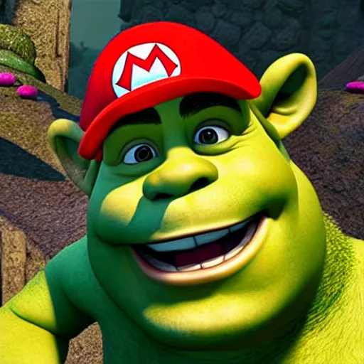 Image similar to shrek wearing mario hat, 8 k