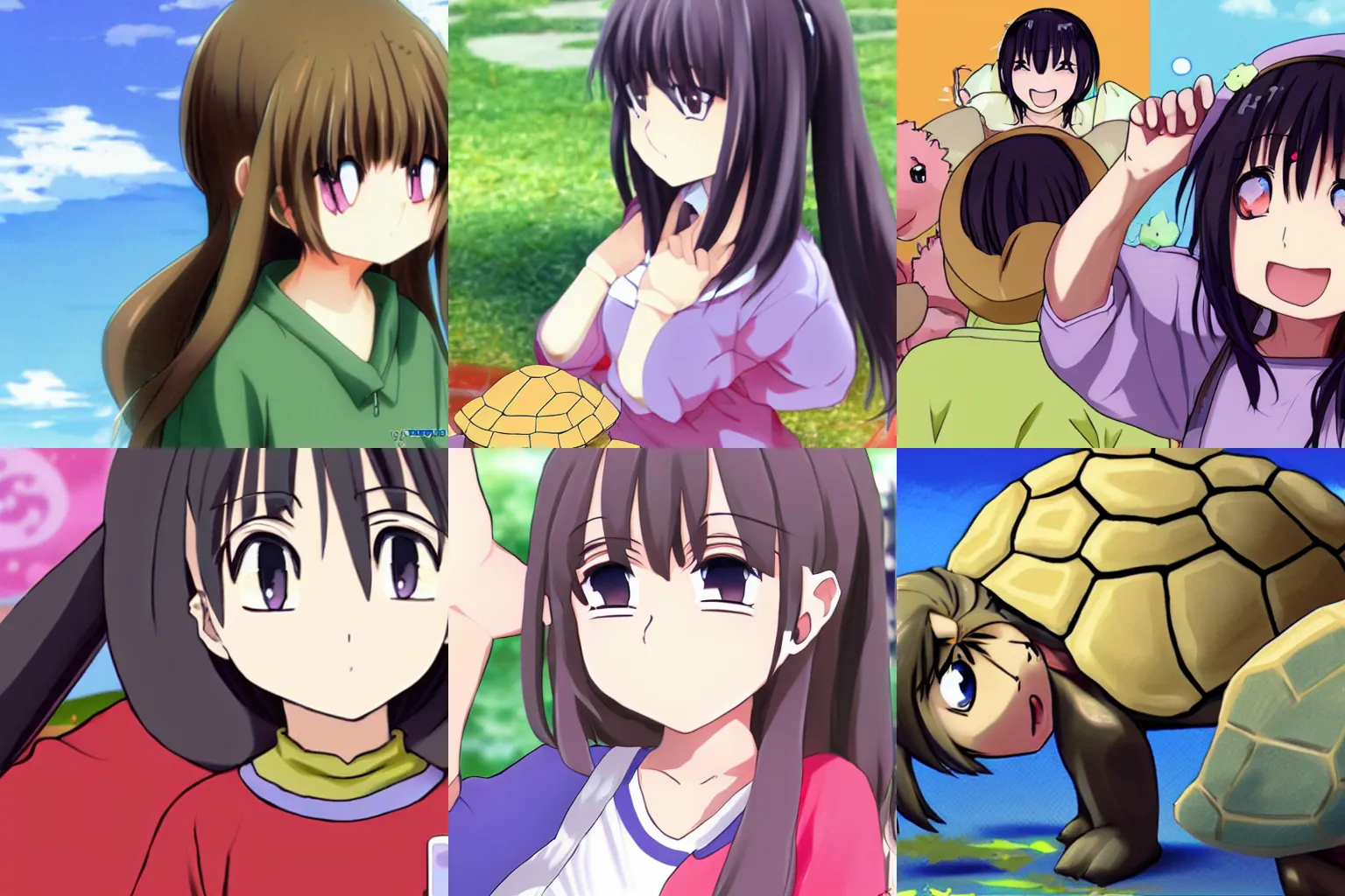 Prompt: big tortoise with the face of a cute anime girl, top rank on pixiv, azumanga daioh