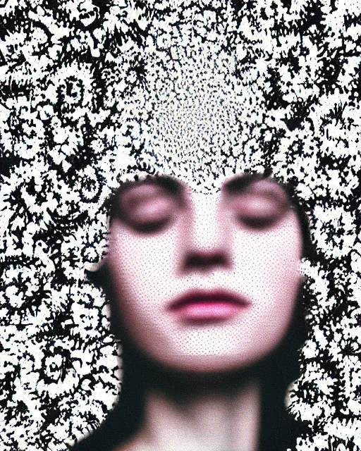 Image similar to oversaturated, burned, light leak, expired film, photo of a woman's serene face submerged in a flowery milkbath, rippling liquid, vintage glow, sun rays, black and white, glitched pattern, pointillism