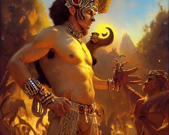 Prompt: attractive male aztec deity, casting aztec magic, summoning handsome panther night star. highly detailed painting by gaston bussiere, craig mullins, j. c. leyendecker 8 k