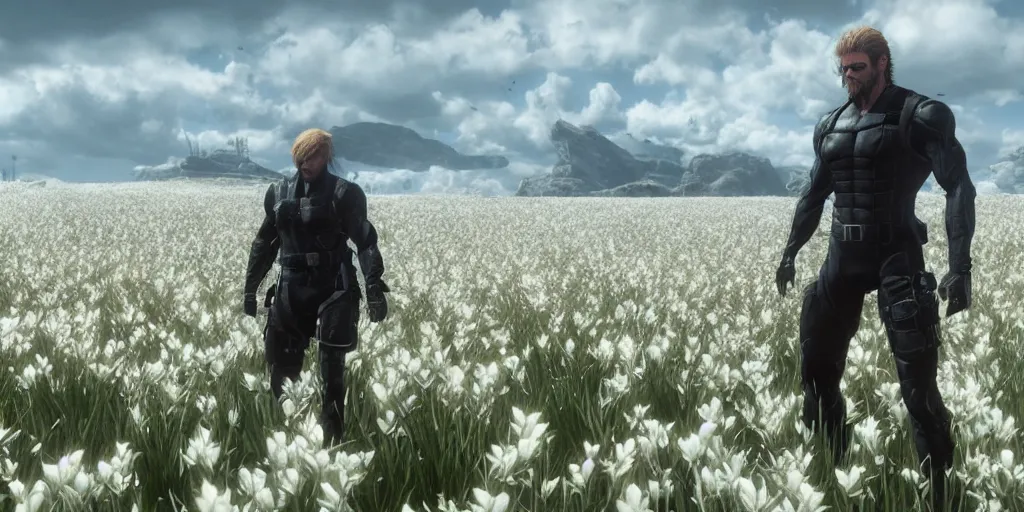 Image similar to Snake from metal gear solid standing in a field of white flowers, unreal engine 5, hyperdetailed, cinematic