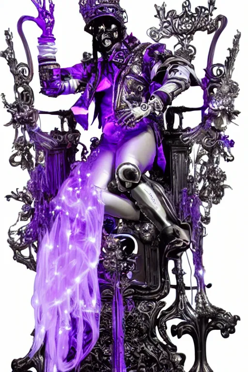 Image similar to full-body rococo and cyberpunk style violet neon statue of a young attractive Spanish male macho dotado android reclining sim roupa con piroca, glowing white face, prince crown of orange steampunk gears, diamonds, swirling silver-colored silk fabric. futuristic elements. full-length view. space robots. human skulls. throne made of bones, intricate artwork by caravaggio. Trending on artstation, octane render, cinematic lighting from the right, hyper realism, octane render, 8k, depth of field, 3D