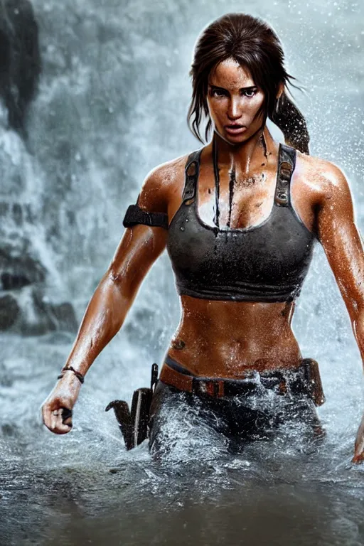 Image similar to a film still of lara croft, close up face detail, muscular, drenched body, photography, wet dripping hair, emerging from the water