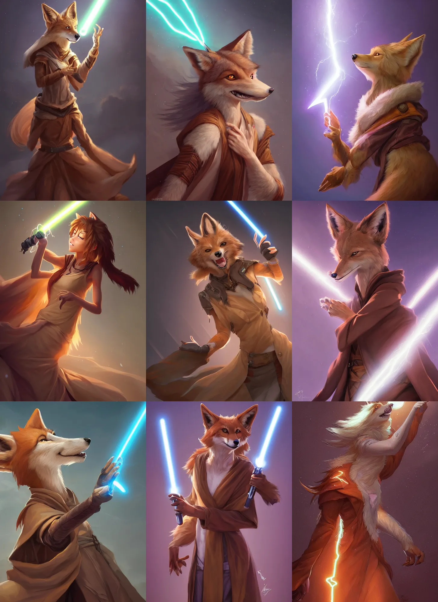 Prompt: beautiful portrait of a female anthropomorphic coyote fursona wearing jedi robes being tickled by lightning. detailed hands. character design by charlie bowater, ross tran, artgerm, and makoto shinkai, detailed, soft lighting, rendered in octane