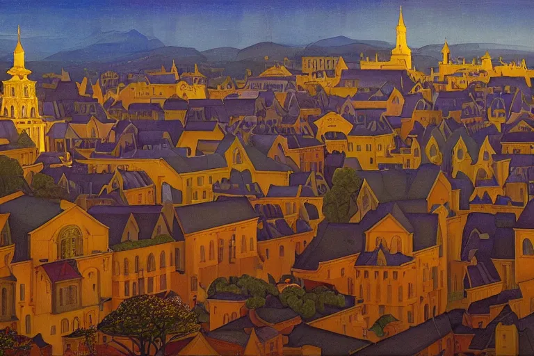 Image similar to view of the old city and its tree-lined winding streets still wet after a storm, tall windows lit up, beautiful ornamental architecture, dramatic cinematic lighting, rich colors, by Nicholas Roerich and and William Dyce and ford madox brown and April Gornik and Sylvain Sarrailh and Ludwig Deutsch, featured on artstation