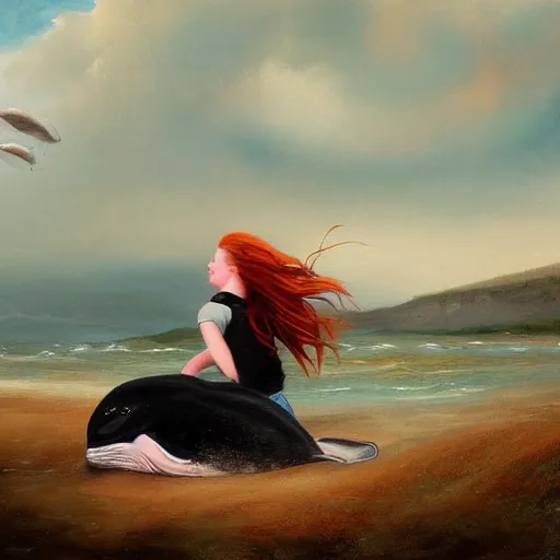 Prompt: a portrait of a red headed young woman hugging a whale in a scenic environment by Bowater Charlie