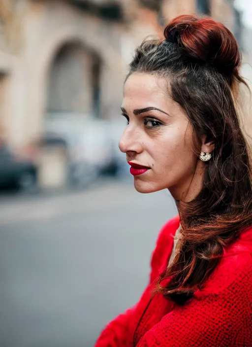 Image similar to color Close-up portrait of a beautiful 35-year-old Italian woman, wearing a red outfit, candid street portrait in the style of Mario Testino award winning, Sony a7R