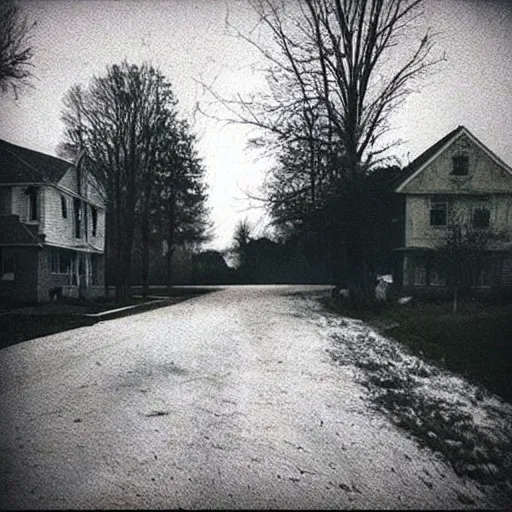 Prompt: low quality cellphone photograph of an empty dark suburban neighborhood, liminal space, eerie horror mood