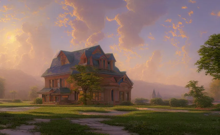 Prompt: a beautiful painting of a building in a serene landscape, epic composition, rendered in arnold, by thomas kinkade, raphael lacoste, makoto shinkai, expansive view, rule of thirds golden ratio clean, light effect, 8 k, maya renderer, unreal engine