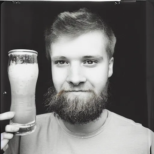 Image similar to “A 20 year old, ginger, tall, polish college student, with a scruffy beard, sitting in his back drinking beer, 8 mm lens photography,”