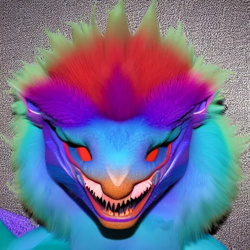 Image similar to colorful fluffy dragon face high detailed fur 3 d render 4 k