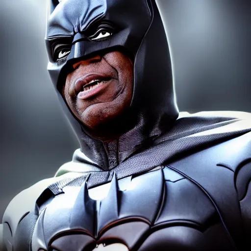 Image similar to Bola Tinubu as Batman, Bat suit with no cowl, no mask, portrait, hyper-realistic, sharp focus, highly detailed, depth of field, octane render