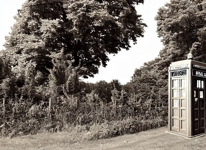 Prompt: photo of a metropolitan police box partially obscured by trees in rural london, police box, tardis, 1936, sepia