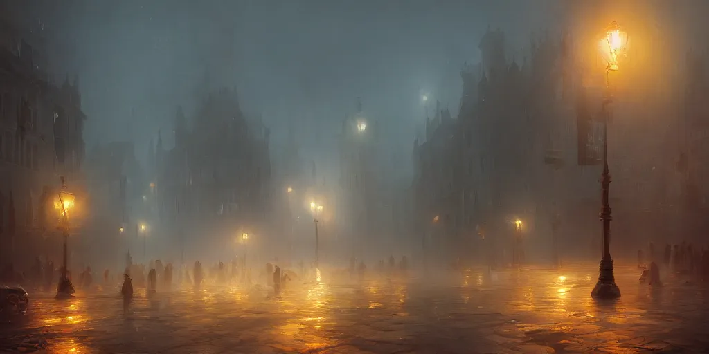 Image similar to a thick swirling fog obscuring a parade, soft lighting, night, unreal engine, digital art, 8 k, oil painting, fantasy art, illustration, detailed and intricate environment