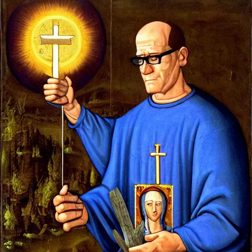 Image similar to hank hill in a white tshirt as the saint of propane surrounded by blue fire, renaissance religious painting, painting by carlo crivelli, late gothic religious paintings, byzantine religious art, trending on artstation