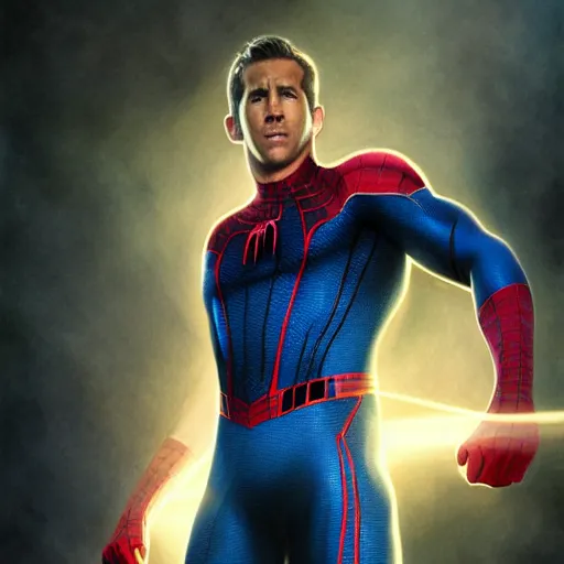 Image similar to ryan reynolds as a black and blue suit spider - man, cinematic, volumetric lighting, f 8 aperture, cinematic eastman 5 3 8 4 film, photorealistic by greg rutkowski, by stanley artgerm, by alphonse mucha