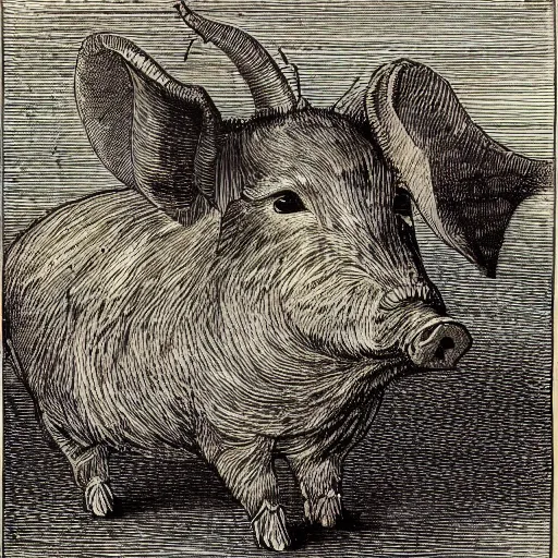 Prompt: a detailed woodcut of a pig in a gold crown by Gustave Doré