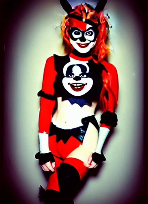 Image similar to kodak portra 4 0 0 of wendy's mascot wendy thomas as harley quinn, nostalgia filter 8 k, soft light, volumetric lighting, highly detailed, 1 5 0 mm lens, polaroid, photo realistic skin, backlit texture