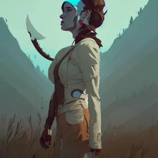 Prompt: portrait of the hunt goddess by atey ghailan, by greg rutkowski, by simon stalenhag, by greg tocchini, by james gilleard, by joe fenton, by kaethe butcher dynamic lighting, gradient light blue, brown, blonde cream and white color scheme, grunge aesthetic