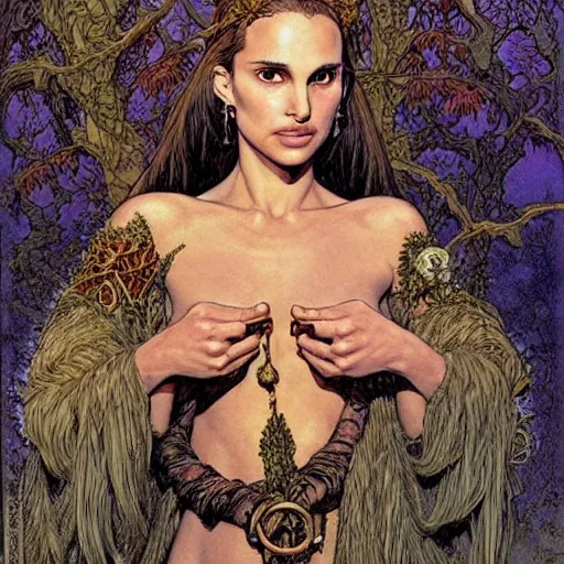 Image similar to a realistic, very beautiful and atmospheric portrait of a young natalie portman as a druidic warrior wizard looking at the camera with an intelligent but seductive gaze by rebecca guay, michael kaluta, charles vess and jean moebius giraud